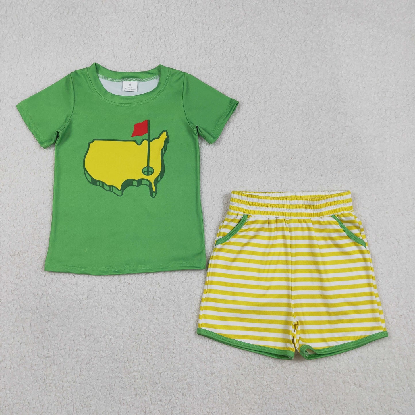 RTS NO MOQ(In Stock) BSSO1673 Golf Course Red Flag Green Short-Sleeve Yellow Striped Shorts Set