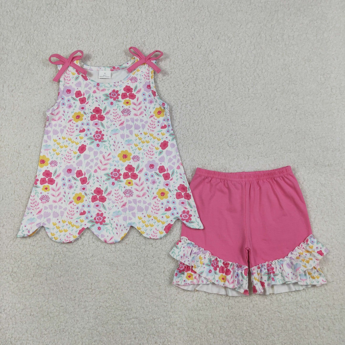 GSSO3391 Kids Baby Girls Sleeveless Colorful Flowers Tunic Ruffle Shorts Clothes Set
