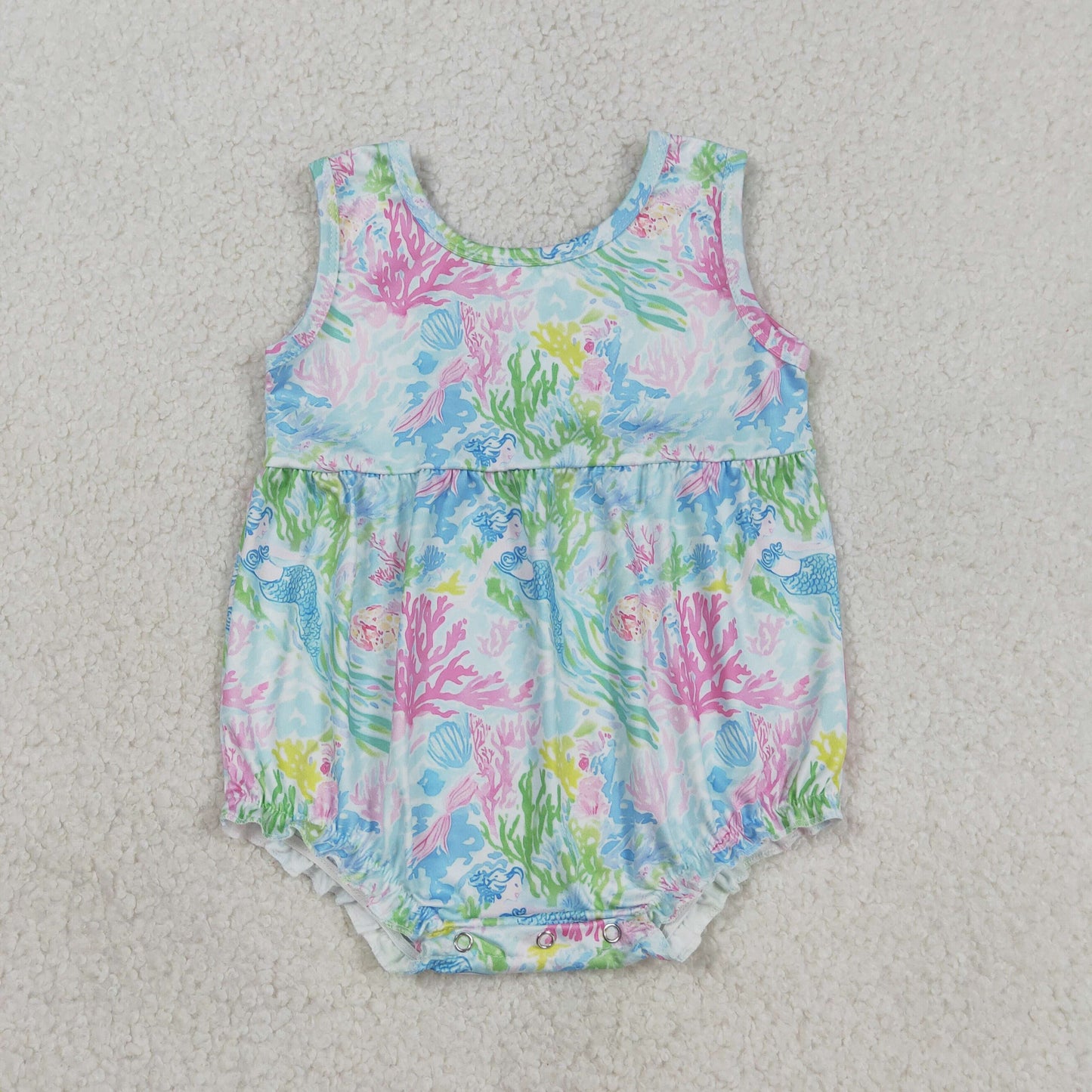 SR3991 Newborn Baby Girl Sleeveless Watercolor Sea Plants Ruffle Rompers