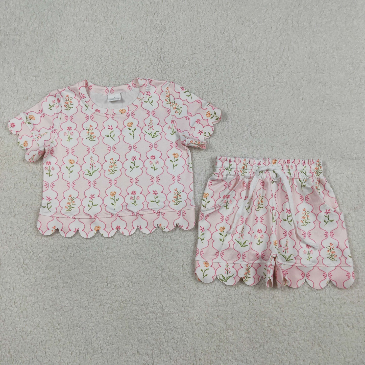 GSSO3271 Kids Baby Girls Colorful Flowers Checked Top Shorts Scallop Clothes Sets