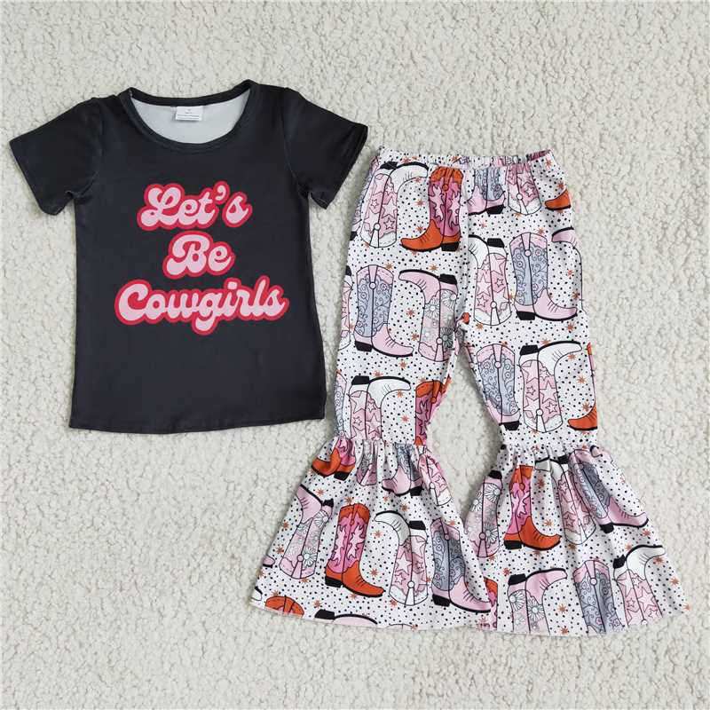 4.14 RTS NO MOQ E1-14 Kids Clothing Girls Short Sleeve Top And Long Pants Cartoon Print