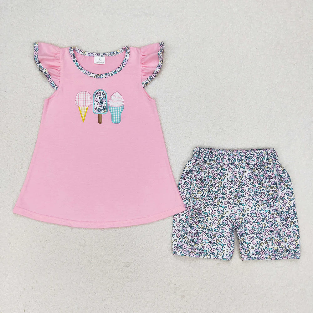 GSSO1193 Kids Baby Girls Popstick Flutter Sleeve Tunic Flowers Shorts Clothes Sets