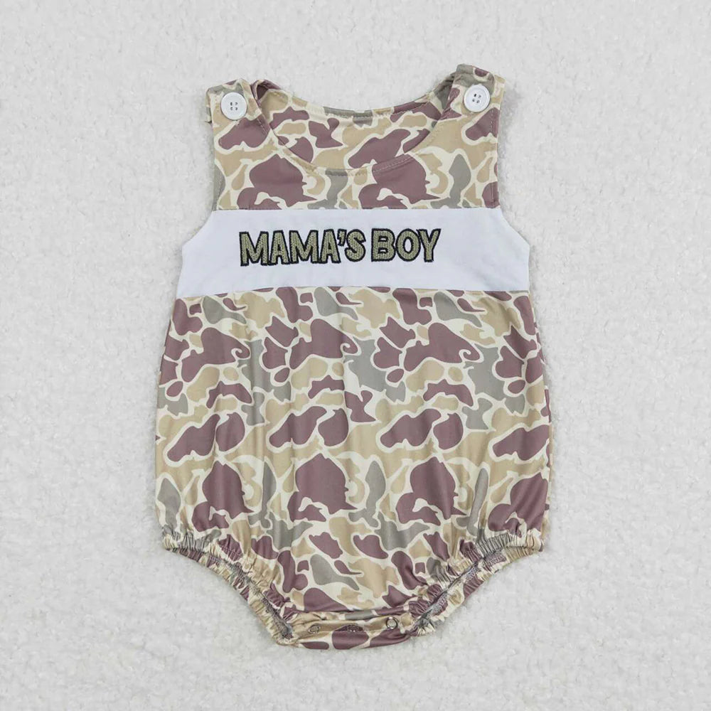 SR0995 Newborn Embroidery Mama's Boy Sleeveless Southern Khaki Camo Rompers