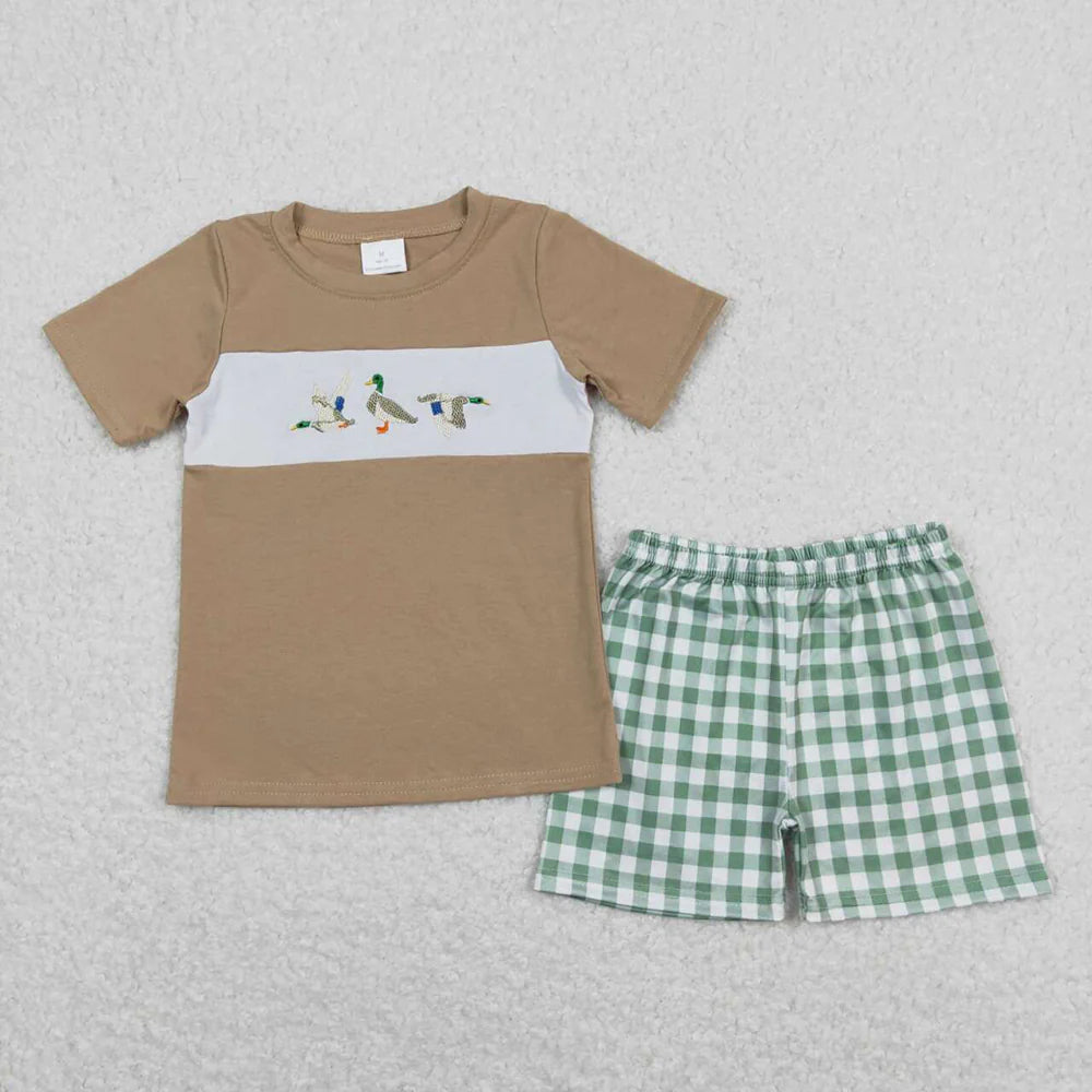 BSSO0608 Kids Baby Boys Ducks Shirt Green Checkered Shorts Outfits Clothes Sets