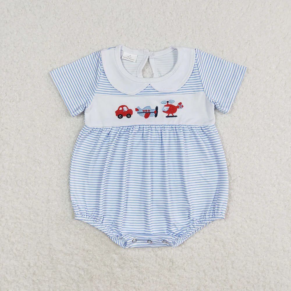 SR1152 Newborn Baby Infant Boys Blue Stripes Transpotation Rompers