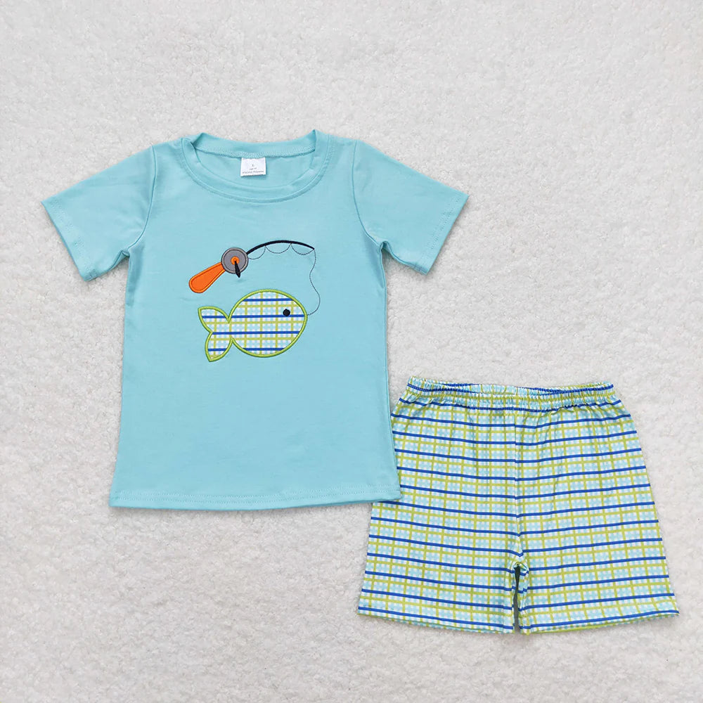 BSSO0798 Kids Baby Boys Fishing Shirt Top Checkered Shorts Clothes Sets