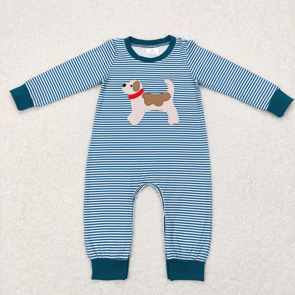 LR0727 Newborn Baby Infants Boys Blue Stripes Dogs Long Sleeve Rompers