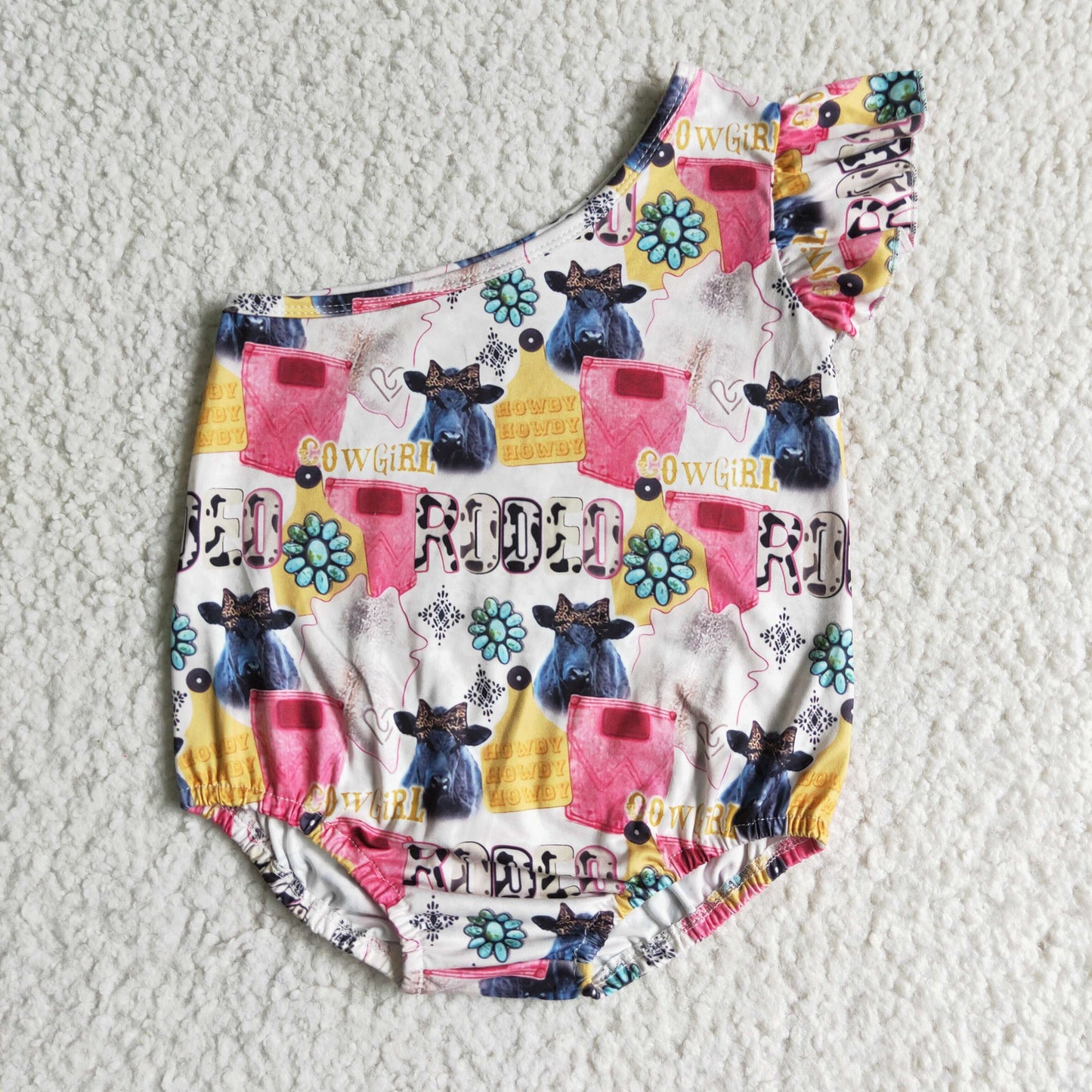 SR0059 Girls' Cow Alphabet Gemstone One Sleeve Lace Bodysuit