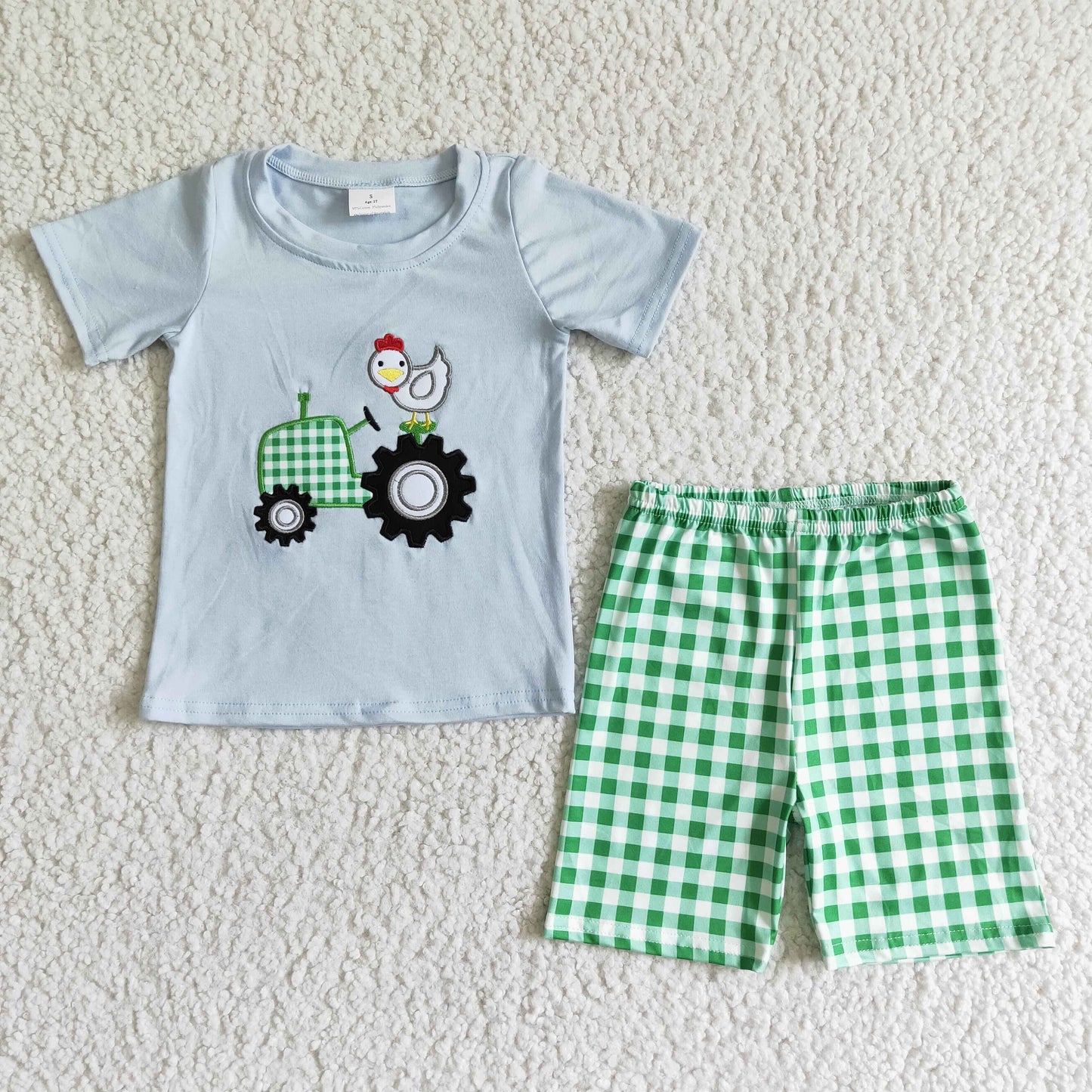 BSSO0031 Chick Truck Embroidered Blue Short Sleeve Top with Green and White Check Panel Shorts