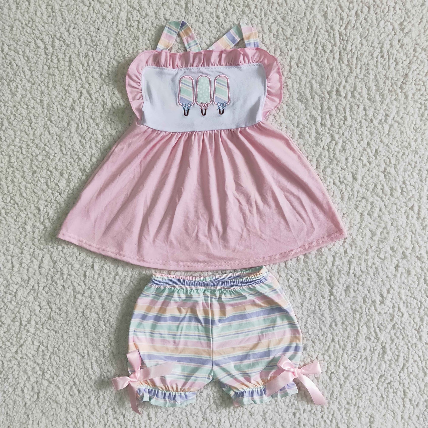 GSSO0012 Pink camisole top with colorful striped panelled shorts