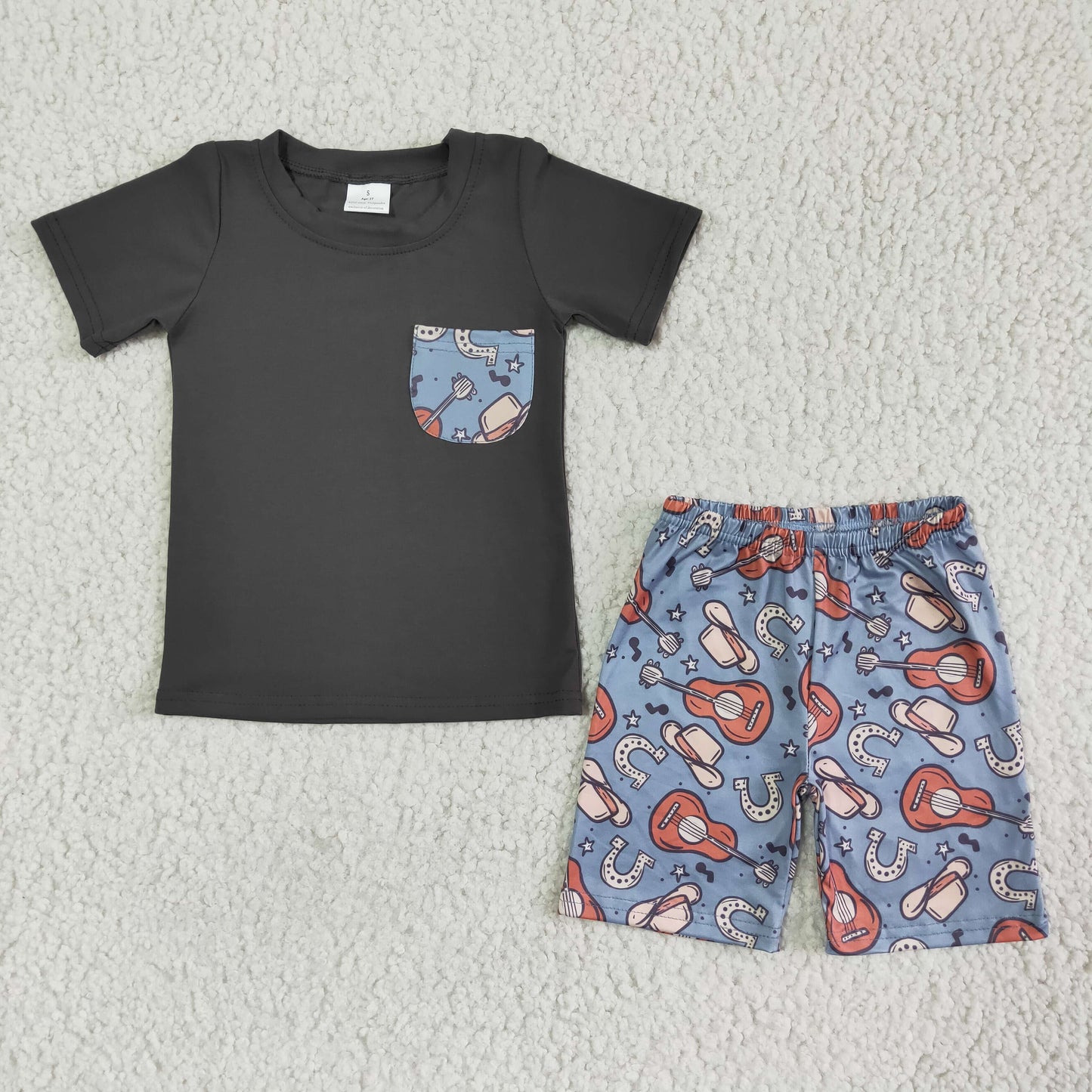 BSSO0075 Boys Grey Pocket Short Sleeve Top with Printed Shorts Set