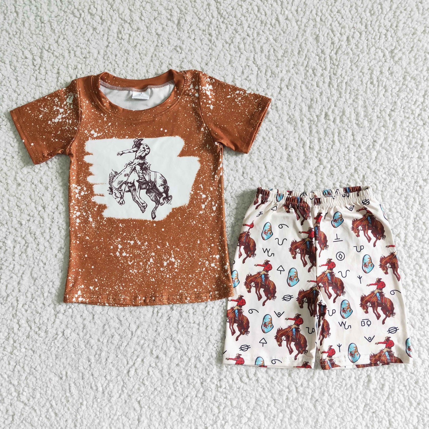 BSSO0076 Western denim style brown short-sleeved top with printed white shorts set