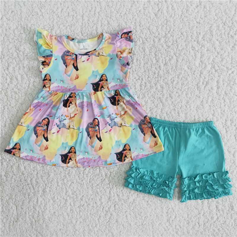 B4-2 New Anime Movie Print Little Girl Short Sleeve Top with Green Shorts
