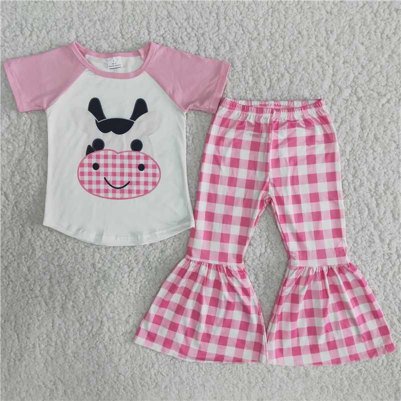 B9-11 Cartoon cow print short-sleeved top with pink and white patchwork plaid flared pants