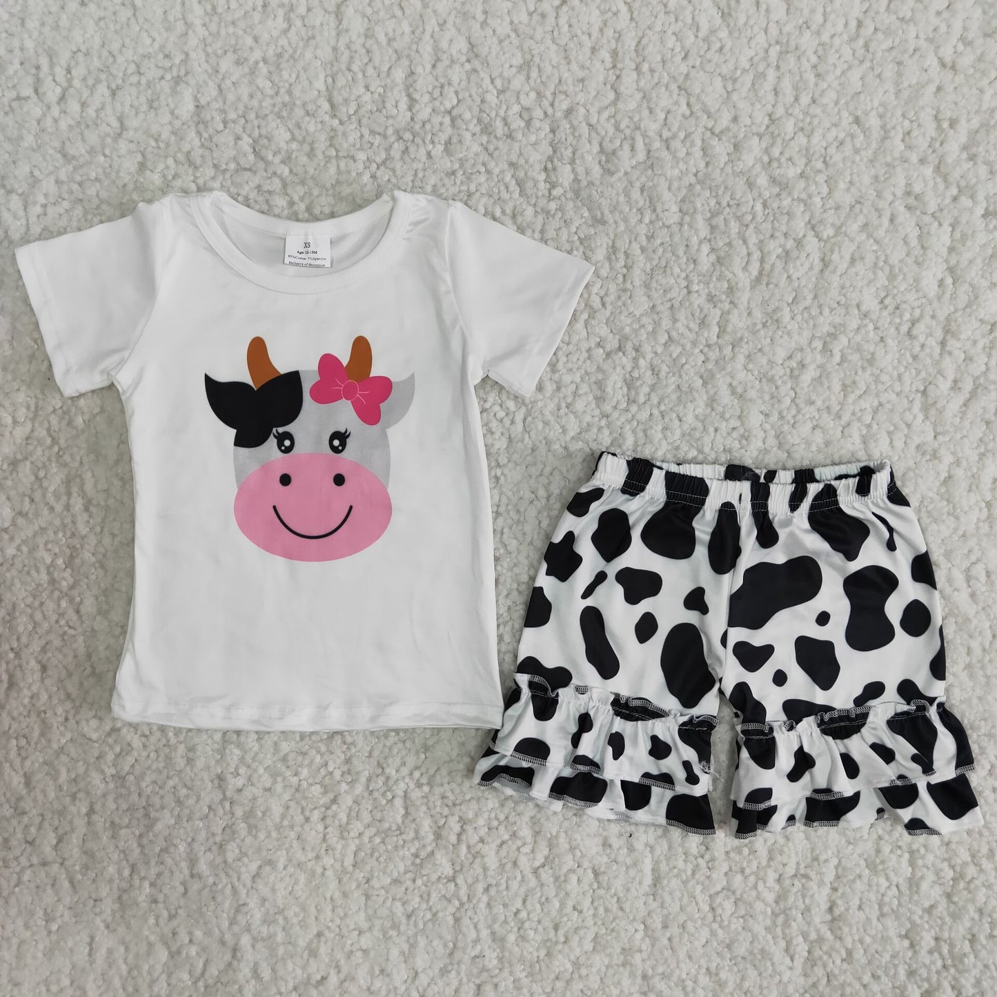 B5-23 White cartoon cow pattern print short-sleeved top with black and white cow spot shorts suit