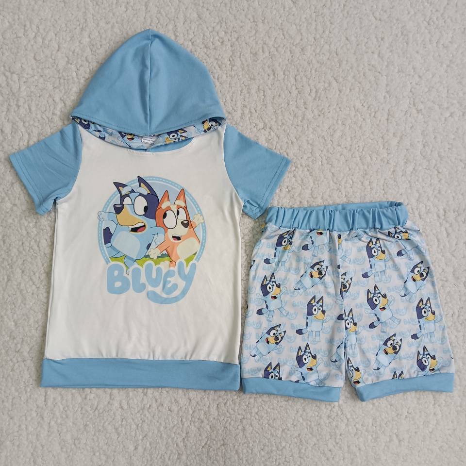 C1-2 Anime movie print blue and white stitching hooded short-sleeved top with printed shorts