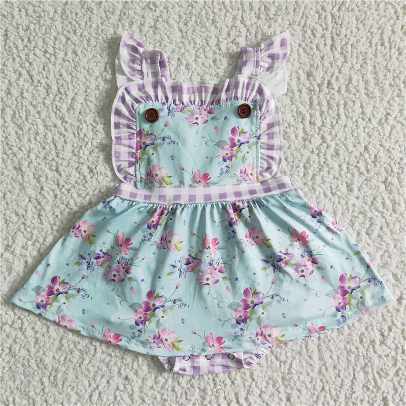 SR0027 Floral Print Panel Purple and White Check Panel Bodysuit