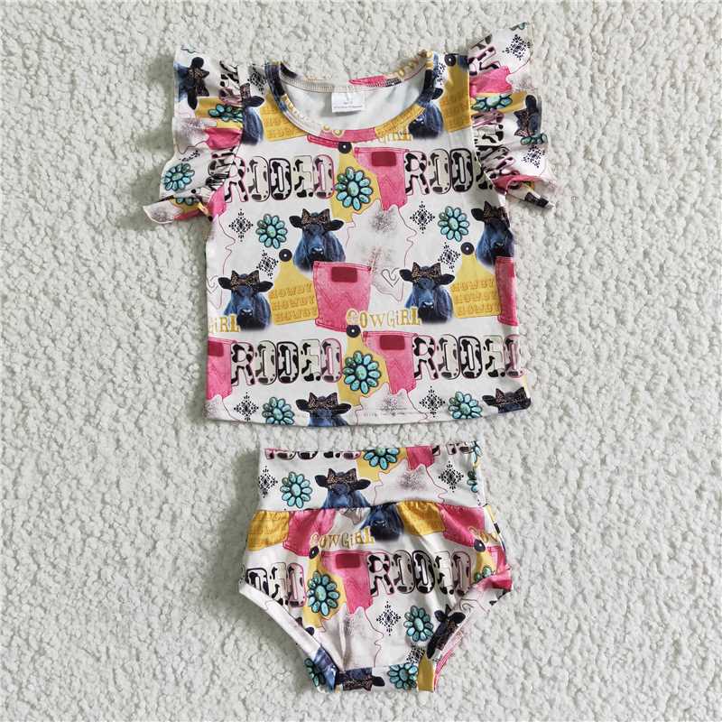 GBO0044 Girls Girls Cow Alphabet Jewel Lace Short Sleeve Briefs Suit