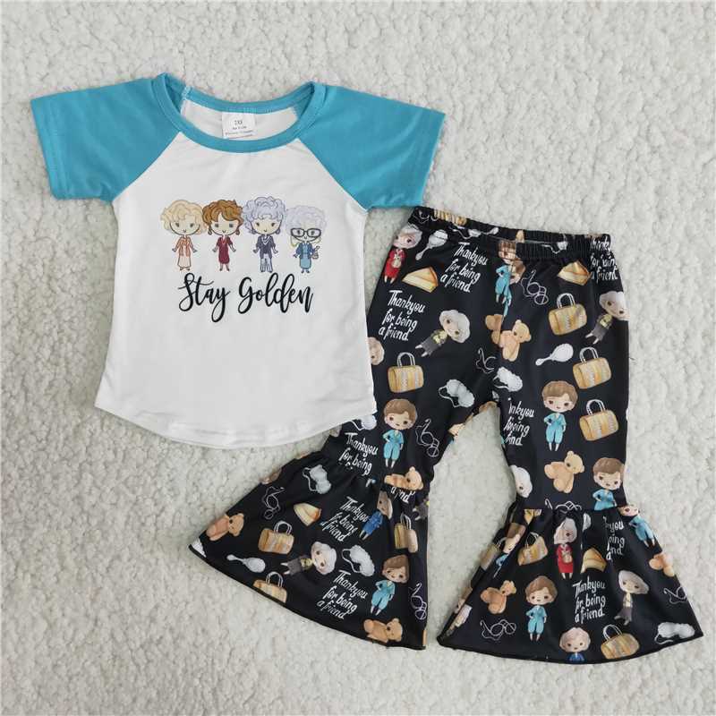 C6-23 New Anime Movie Little Boy Printed Short Sleeve Top with Printed Black Flared Pants
