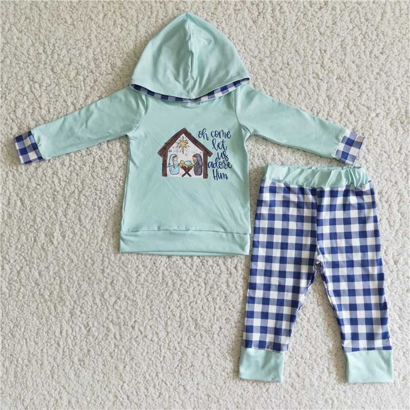 6 C11-18 Light green printed long-sleeve hooded top with plaid trousers set