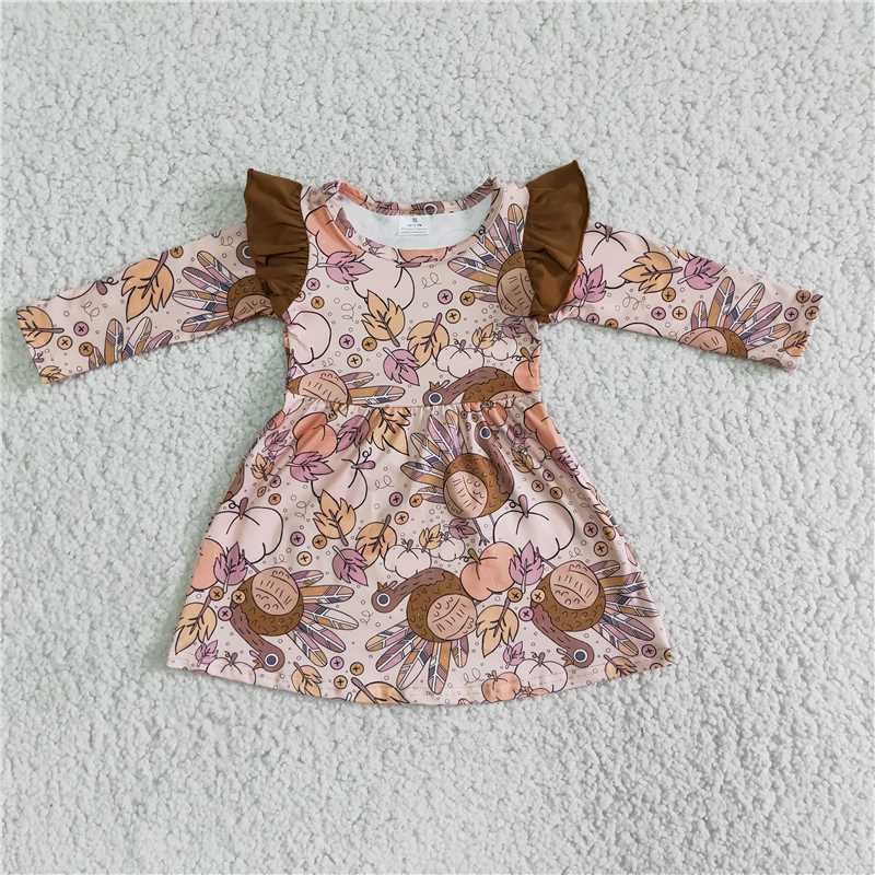 6 A6-11 Girls' Turkey Pumpkin Dress Graphic Print Long Sleeve Dress