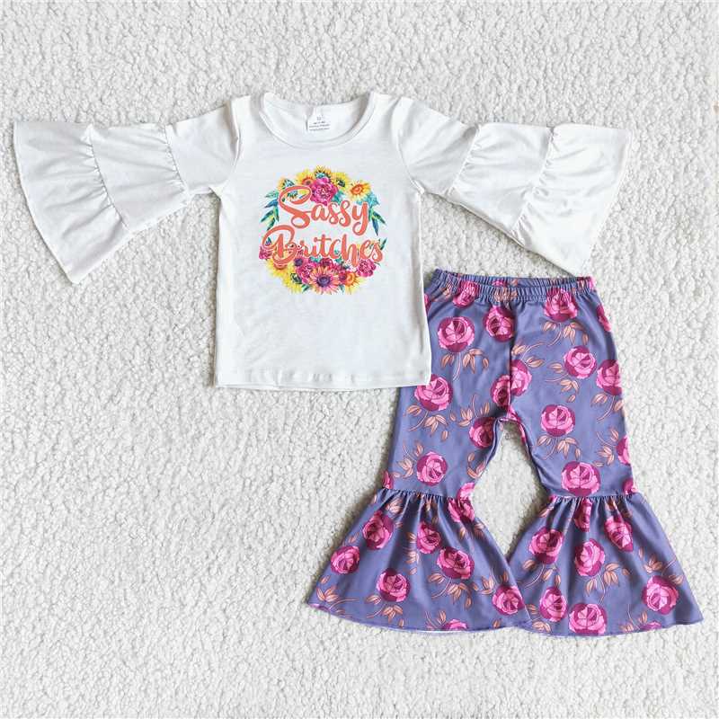 6 A0-11 Floral Print White Long Sleeves with Purple Floral Flared Pants