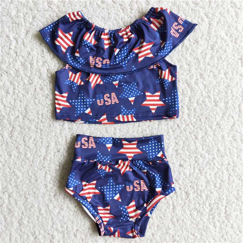 D10-5 Girls USA Striped Stars Thong Suit