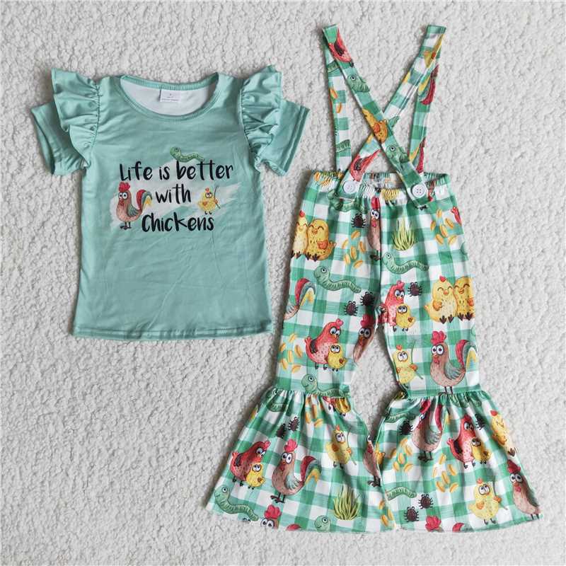E9-15 Chicken print short-sleeved top with chicken print overalls
