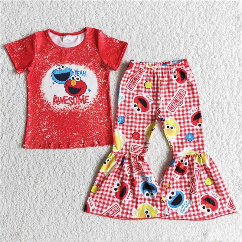 E11-17 New cartoon character print red short-sleeved top with flared pants