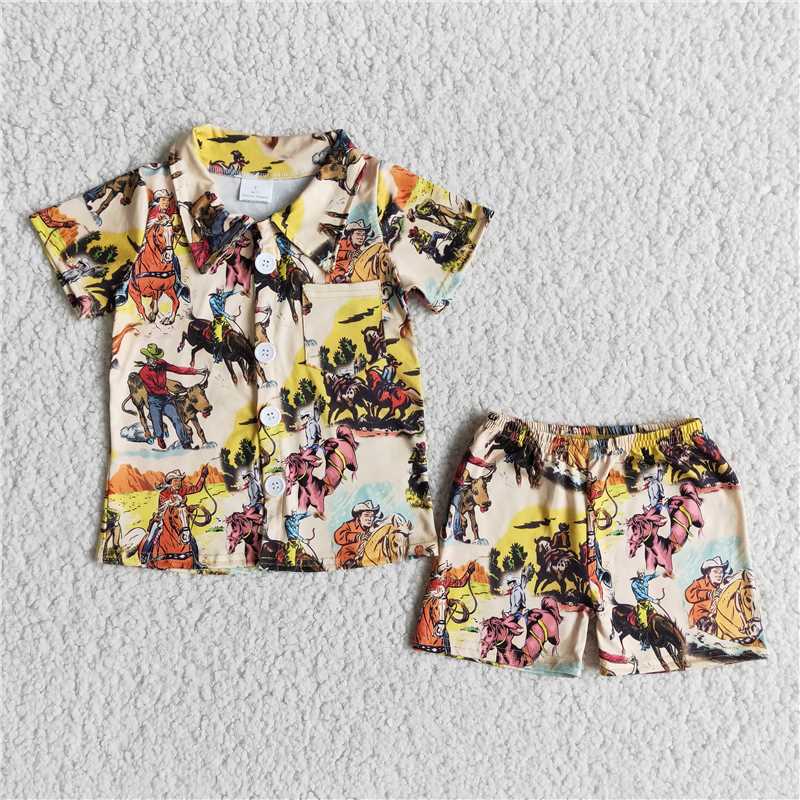 E14-12 Western Denim Print Yellow Short Sleeves With Shorts
