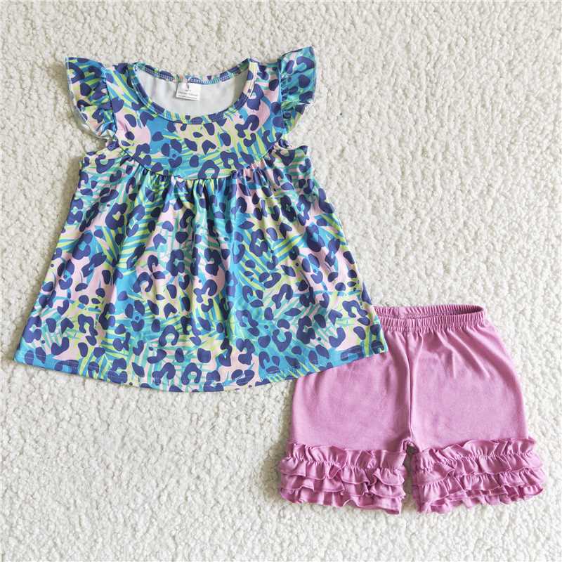GSSO0025 piebald print sleeveless top with pink lace shorts