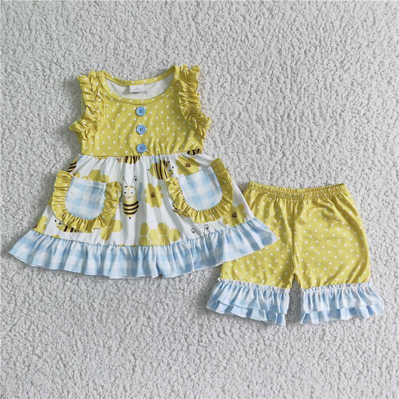 GSSO0086 Bee Print Pocket Yellow Sleeveless Top with Yellow Polka Dot Shorts