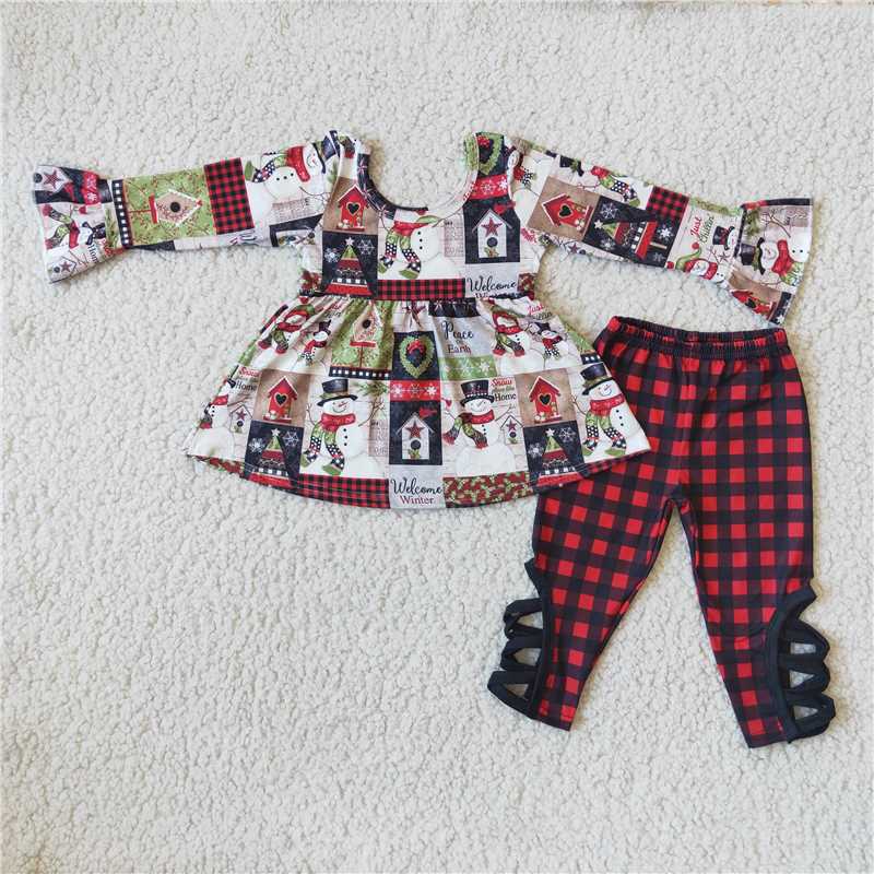 6 A2-16 Girls Snowman Long Sleeve Top Red Plaid Trousers Suit