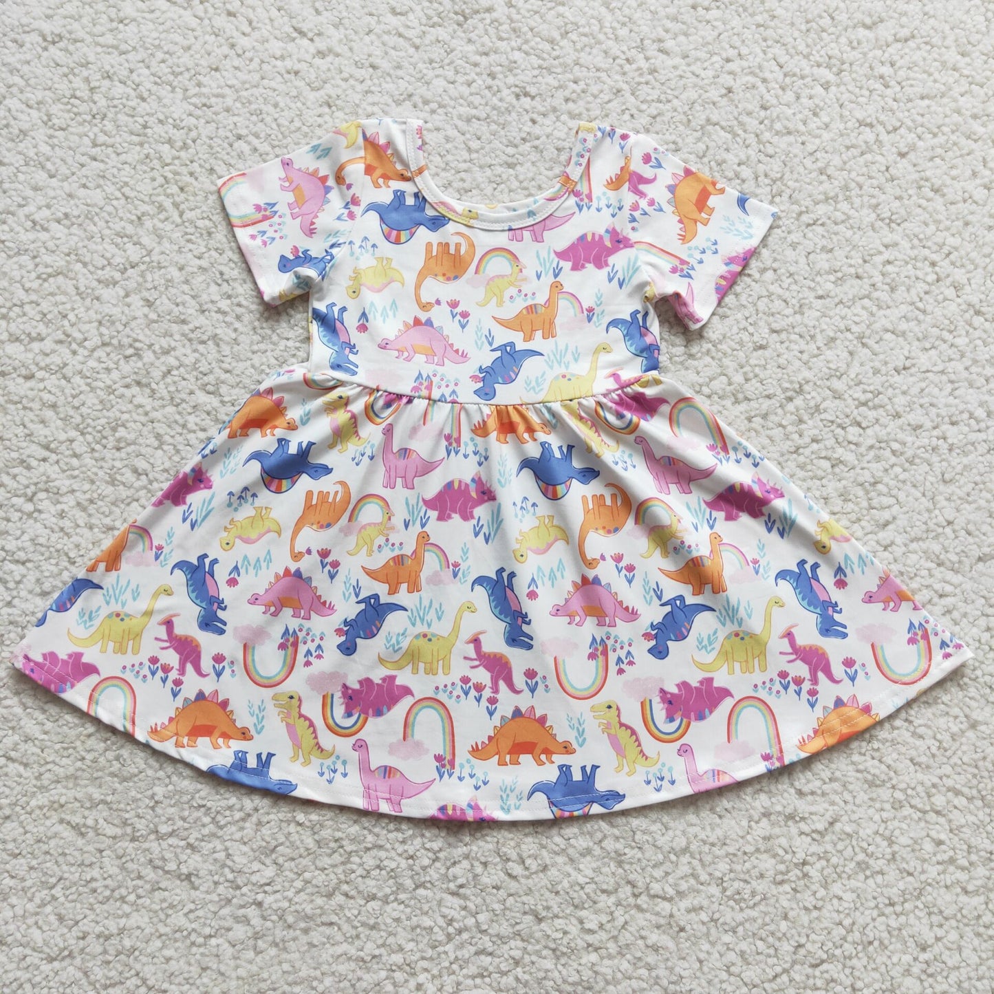 E3-13 Dinosaur Print White Short Sleeve Dress