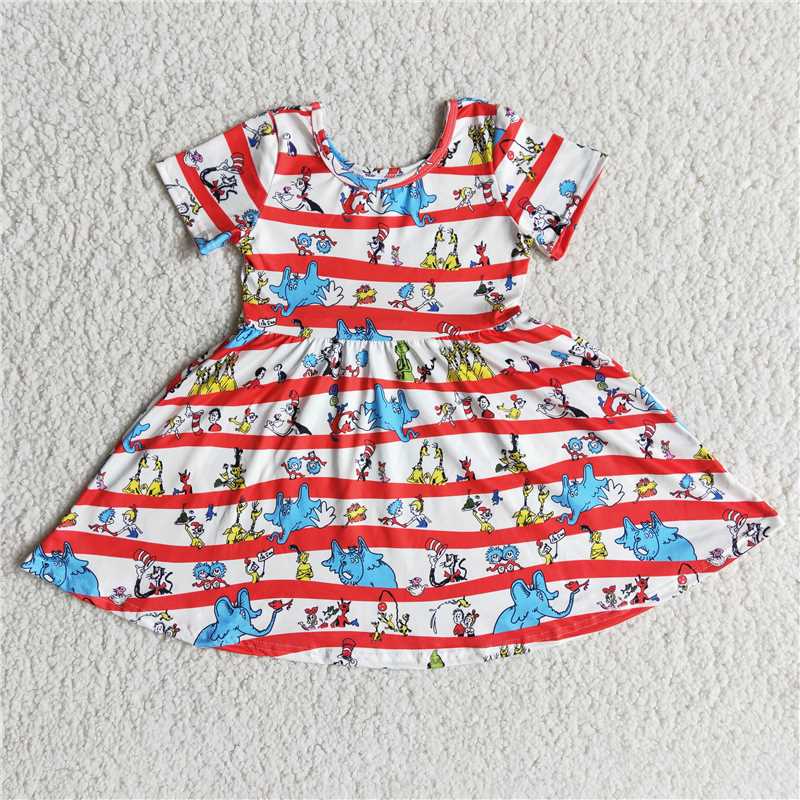 B1-11 New Anime Movie Print Red Striped Panel Short Sleeve Dress