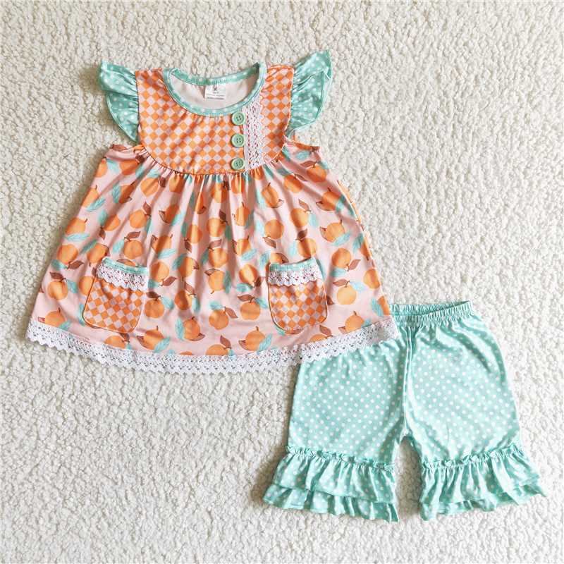 C2-13 Orange Graphic Print Pocket Button Short Sleeve Top with Shorts Set