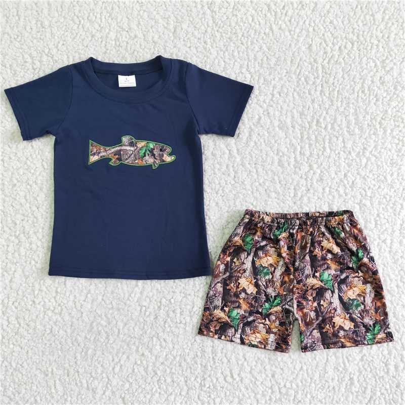 BSSO0010 Fish embroidered navy short-sleeved top with leaf print shorts