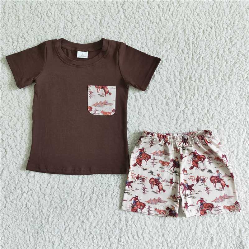 BSSO0015 Brown Pocket Short Sleeve Top with Printed Shorts