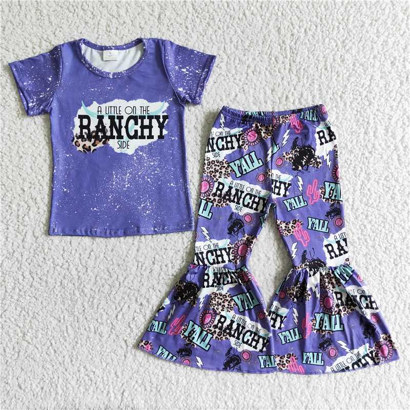 GSPO0024 Letter-print purple short-sleeved top with letter-print purple flared pants