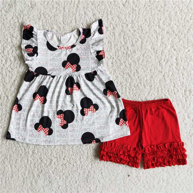 A1-9 Cartoon print white short-sleeved top with red shorts