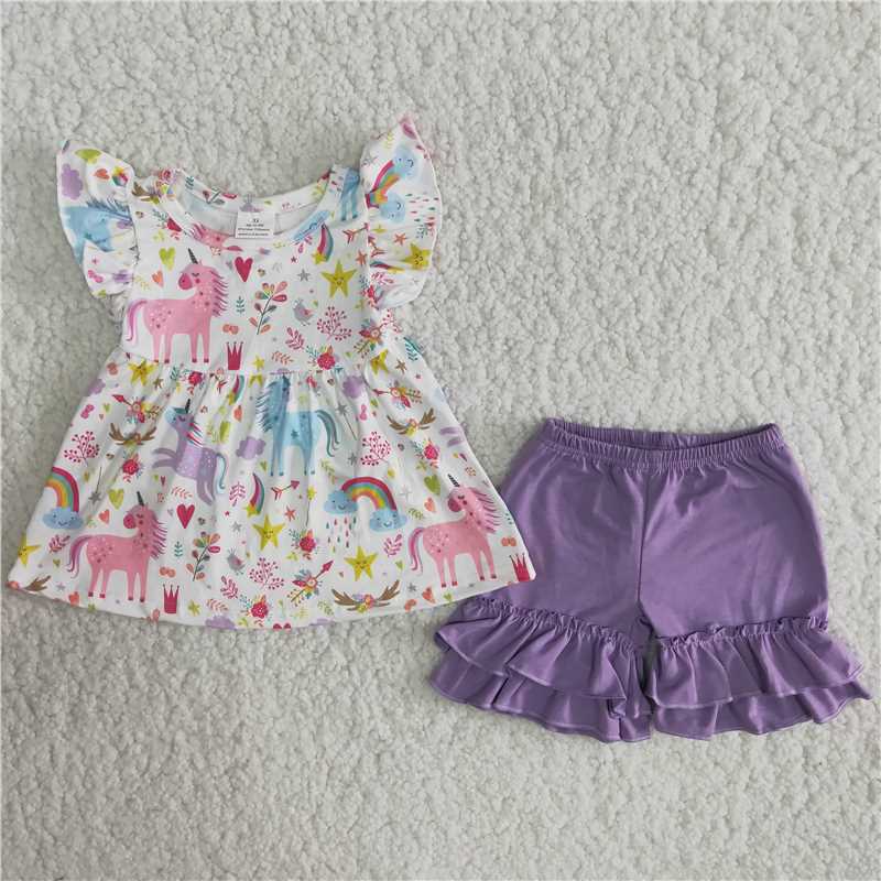 C10-3 New Anime Movie Print White Short Sleeve Top with Purple Shorts