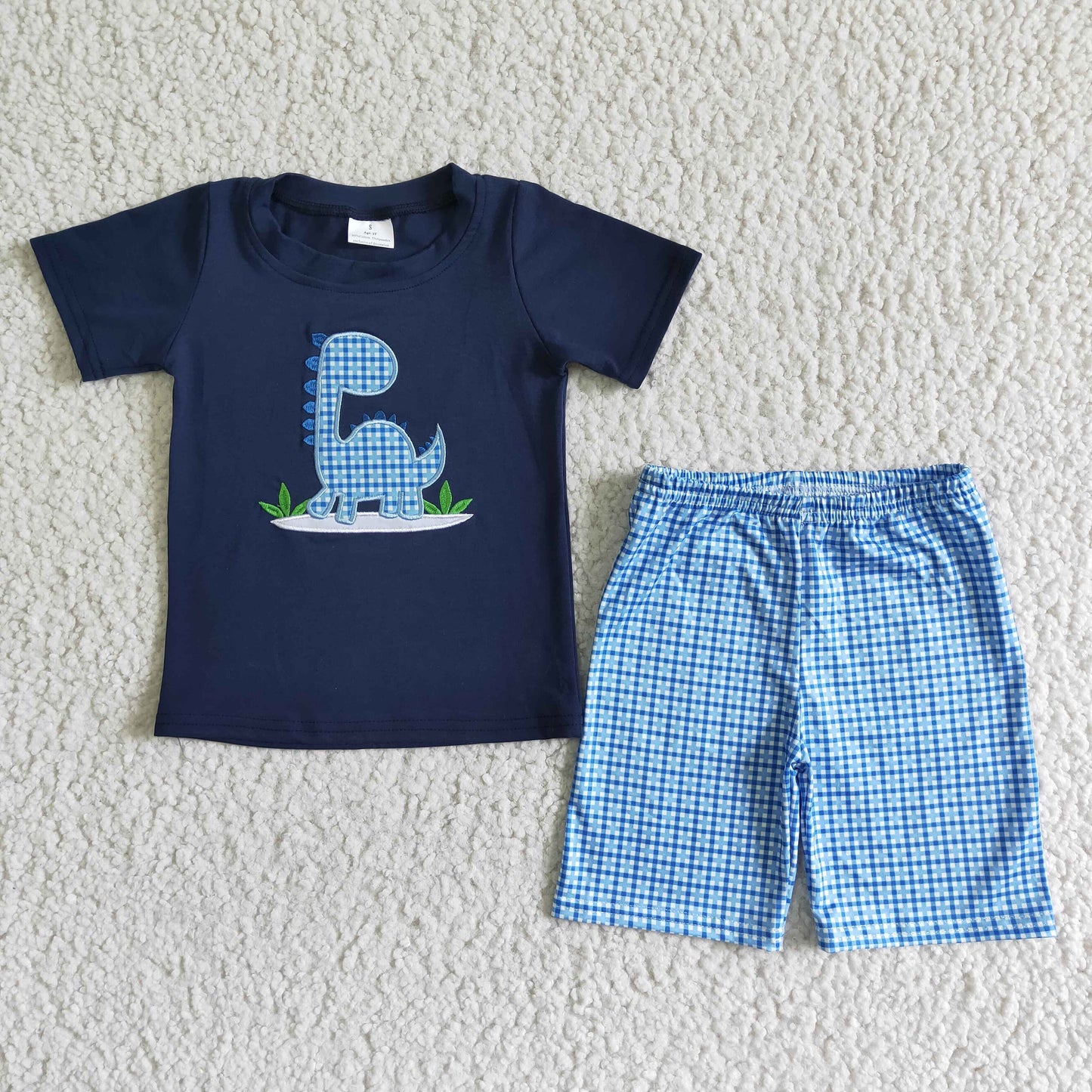 BSSO0005 Dinosaur embroidered navy short-sleeved top with blue plaid shorts