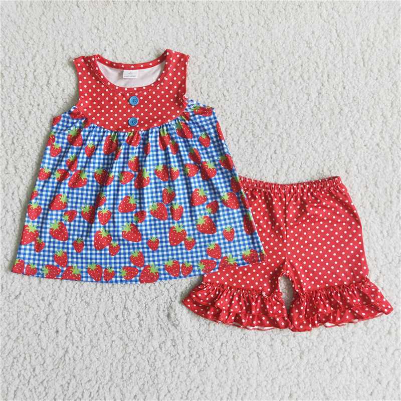 D6-17 Polka dot element strawberry print short-sleeved top with red polka dot shorts