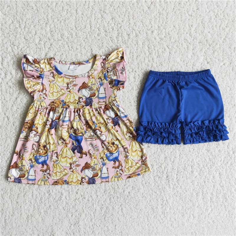 A3-15-1 New cartoon movie character print short-sleeved top with blue shorts