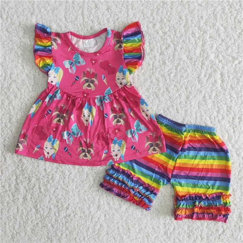 A12-13 New cartoon movie character print red short-sleeved top with colorful striped stitching shorts