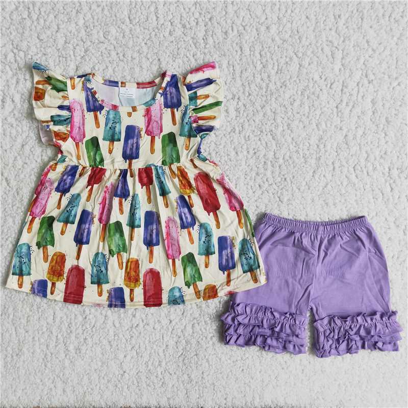 A6-22 Popsicle print short-sleeved top with purple shorts Girls