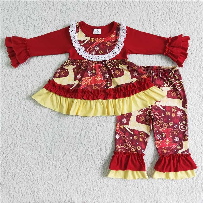 6 A22-30  girl	  Christmas Elk Red Gold Trim Set