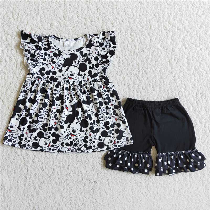 C2-10 New Anime Movie Print Black Short Sleeve Top with Black Patchwork Polka Dot Shorts