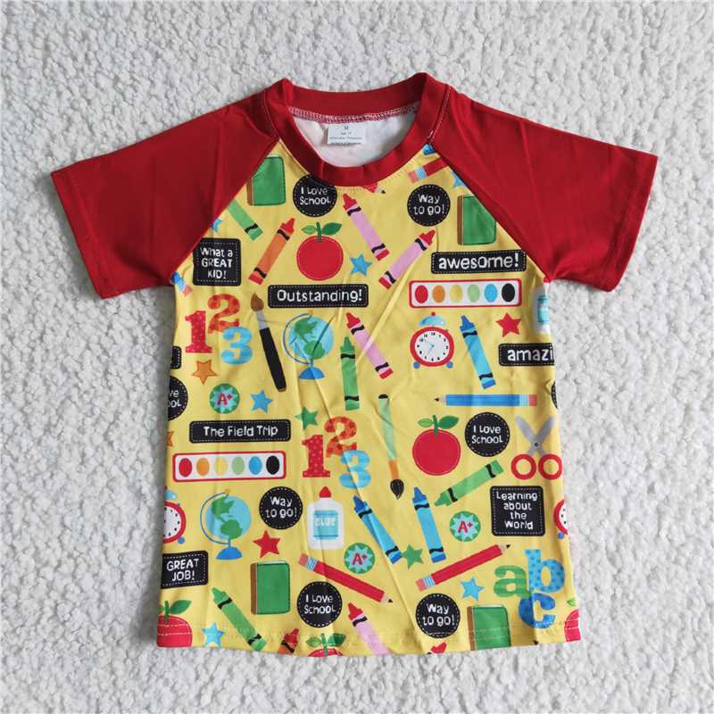 A12-17-1 Letter Print Pencil Pattern White Panel Red Short Sleeve Top