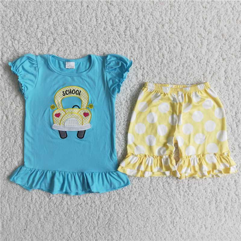 D12-26 Car embroidered blue short-sleeved top with yellow polka-dot shorts
